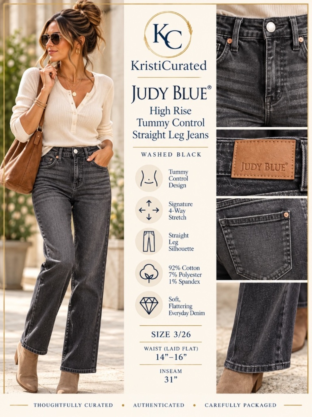 Judy Blue High Rise Tummy Control Straight Leg Jeans Washed Black 3/26 NWOT